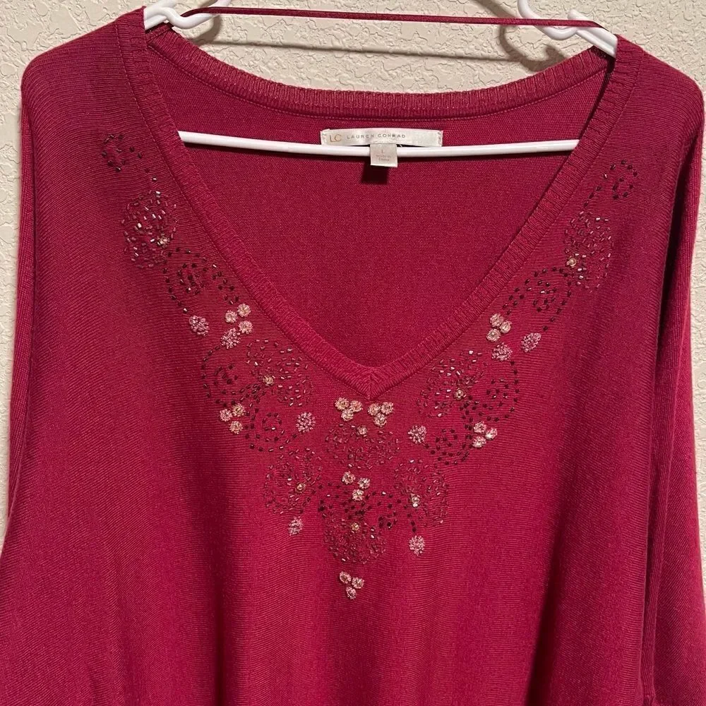LC Lauren Conrad- Berry Beaded Floral Sweater, Size Large